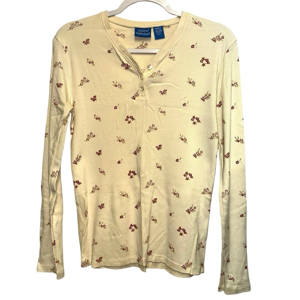 Natural Reflections Floral Thermal Henley Top Cream Long Sleeve Size Small
